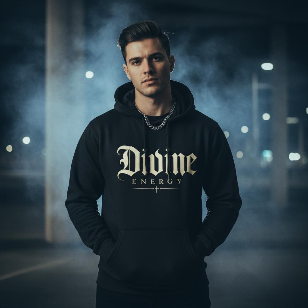 Divine Energy Hoodie — Gothic Script Faith Graphic | Wear Your Worship