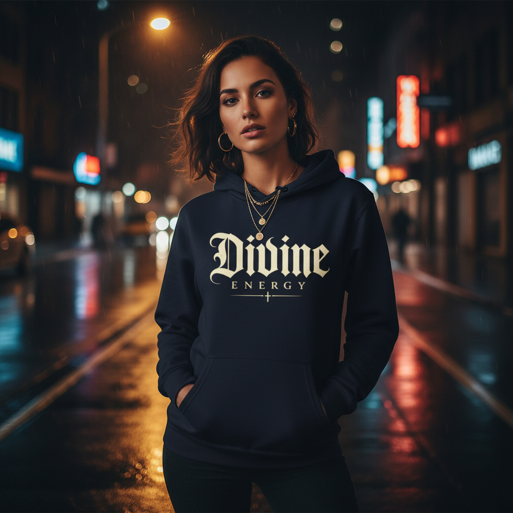 Divine Energy Hoodie — Gothic Script Faith Graphic | Wear Your Worship